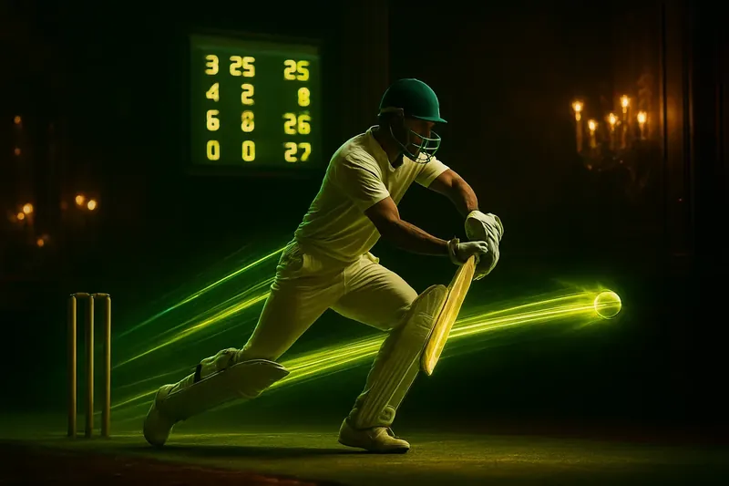 Cricket athlete in motion with neon trail and stadium lights