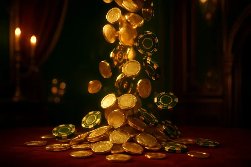 Golden coins and casino chips falling with green neon lighting