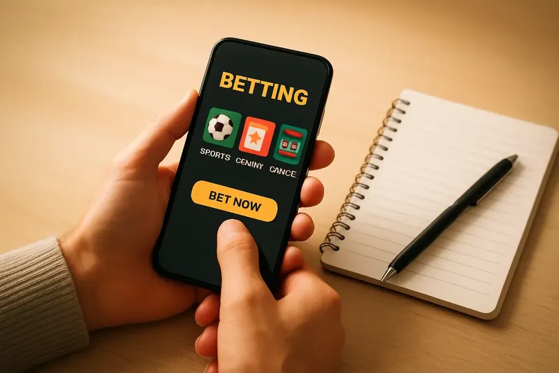 Man's hands using phone with betting app on desk from above