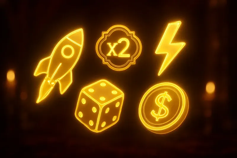 Glowing instant game icons with rocket, dice, coin, and lightning