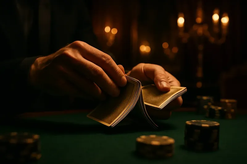 Dealer Shuffling Cards Close-up dealer hands shuffling cards above green felt with premium chips