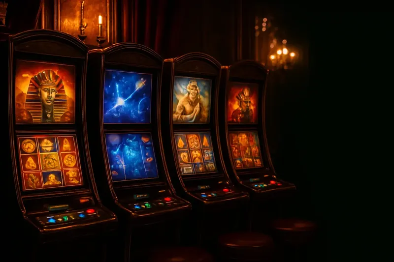 Five modern video slot machines with vivid themed screens and neon lighting